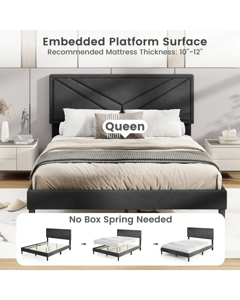 Upholstered Platform Bed with Tufted Headboard and Wooden Slats-Queen Size - Gray - Simple Bed Frame