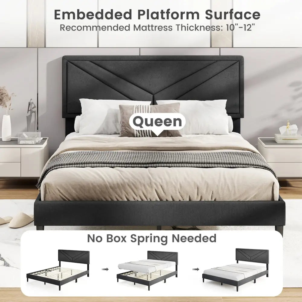 Upholstered Platform Bed with Tufted Headboard and Wooden Slats-Queen Size - Gray - Simple Bed Frame