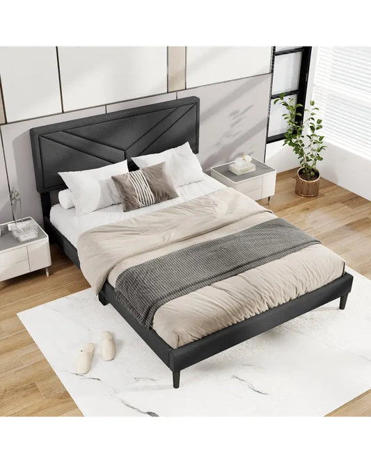 Upholstered Platform Bed with Tufted Headboard and Wooden Slats-Queen Size - Gray - Simple Bed Frame