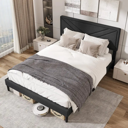 Upholstered Platform Bed with Tufted Headboard and Wooden Slats-Queen Size - Gray - Simple Bed Frame