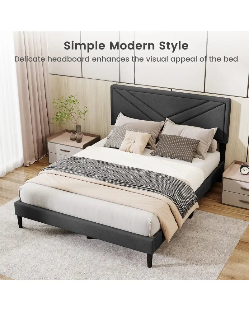 Upholstered Platform Bed with Tufted Headboard and Wooden Slats-Queen Size - Gray - Simple Bed Frame