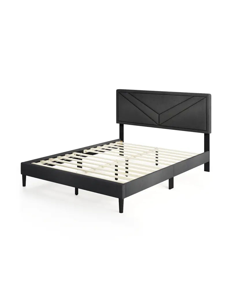 Upholstered Platform Bed with Tufted Headboard and Wooden Slats-Queen Size - Gray - Simple Bed Frame