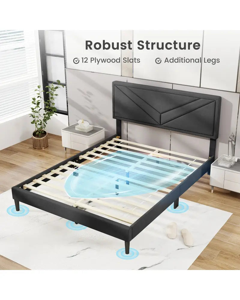 Upholstered Platform Bed with Tufted Headboard and Wooden Slats-Queen Size - Gray - Simple Bed Frame