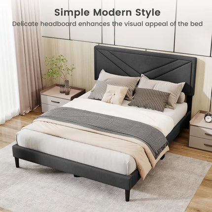 Upholstered Platform Bed with Tufted Headboard and Wooden Slats-Queen Size - Gray - Simple Bed Frame