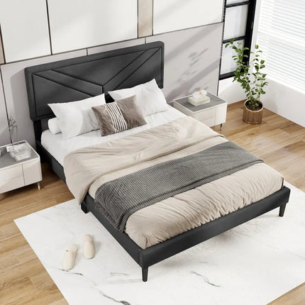 Upholstered Platform Bed with Tufted Headboard and Wooden Slats-Queen Size - Gray - Simple Bed Frame