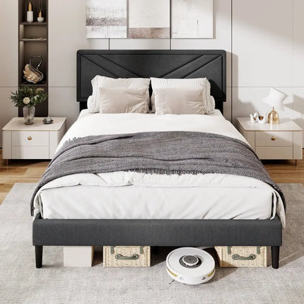 Upholstered Platform Bed with Tufted Headboard and Wooden Slats-Queen Size - Gray - Simple Bed Frame