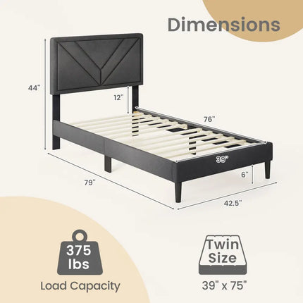 Upholstered Platform Bed with Tufted Headboard and Wooden Slats-Twin Size - Gray - Simple Bed Frame