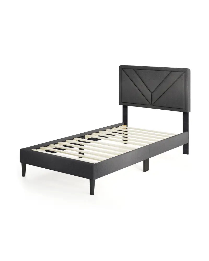 Upholstered Platform Bed with Tufted Headboard and Wooden Slats-Twin Size - Gray - Simple Bed Frame