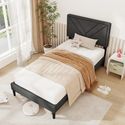 Upholstered Platform Bed with Tufted Headboard and Wooden Slats-Twin Size - Gray - Simple Bed Frame