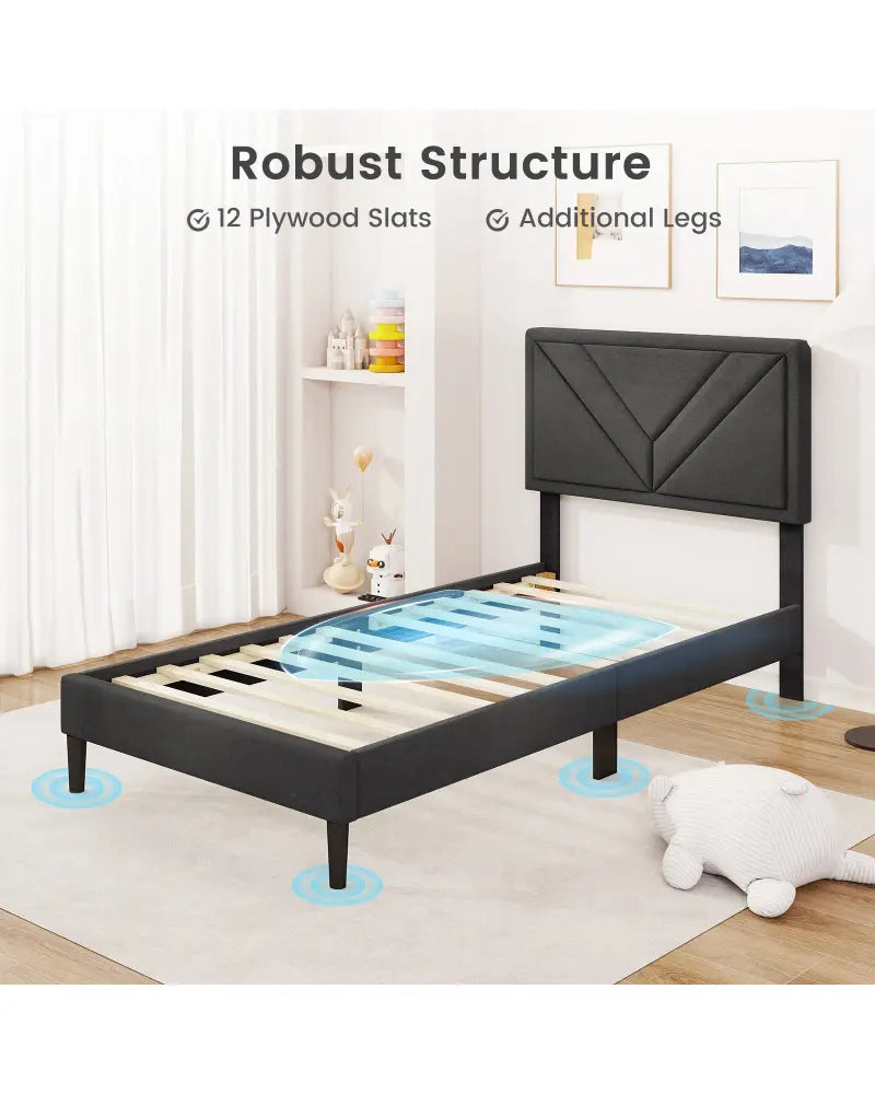 Upholstered Platform Bed with Tufted Headboard and Wooden Slats-Twin Size - Gray - Simple Bed Frame
