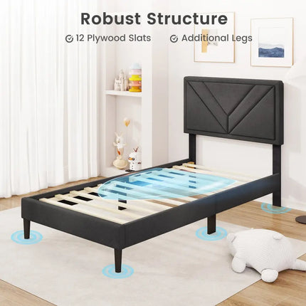 Upholstered Platform Bed with Tufted Headboard and Wooden Slats-Twin Size - Gray - Simple Bed Frame