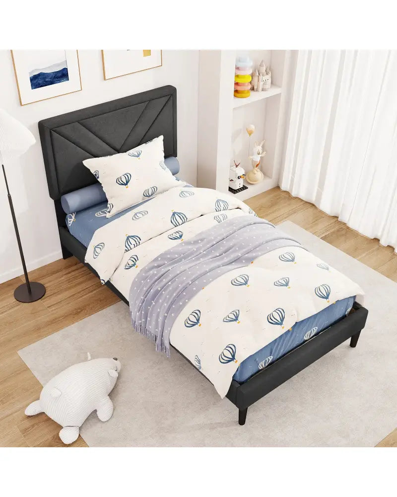 Upholstered Platform Bed with Tufted Headboard and Wooden Slats-Twin Size - Gray - Simple Bed Frame