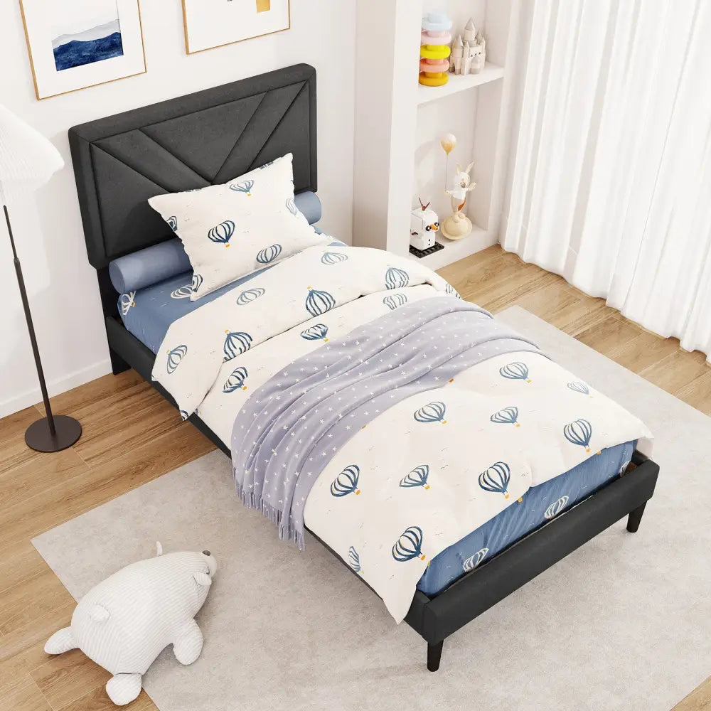 Upholstered Platform Bed with Tufted Headboard and Wooden Slats-Twin Size - Gray - Simple Bed Frame