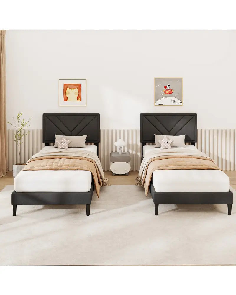 Upholstered Platform Bed with Tufted Headboard and Wooden Slats-Twin Size - Gray - Simple Bed Frame