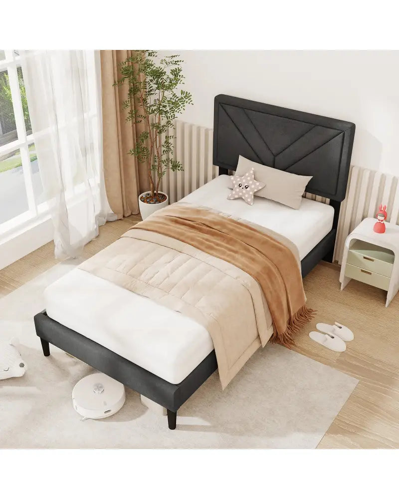 Upholstered Platform Bed with Tufted Headboard and Wooden Slats-Twin Size - Gray - Simple Bed Frame