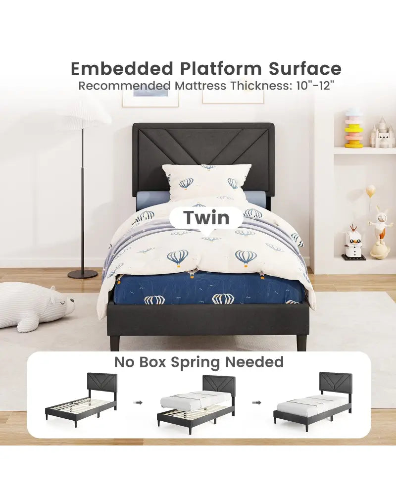 Upholstered Platform Bed with Tufted Headboard and Wooden Slats-Twin Size - Gray - Simple Bed Frame