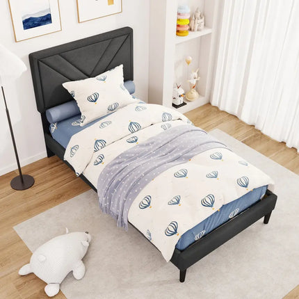 Upholstered Platform Bed with Tufted Headboard and Wooden Slats-Twin Size - Gray - Simple Bed Frame