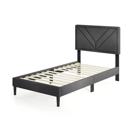 Upholstered Platform Bed with Tufted Headboard and Wooden Slats-Twin Size - Gray - Simple Bed Frame