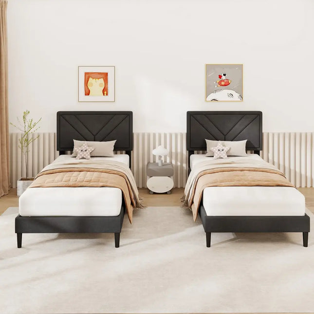 Upholstered Platform Bed with Tufted Headboard and Wooden Slats-Twin Size - Gray - Simple Bed Frame