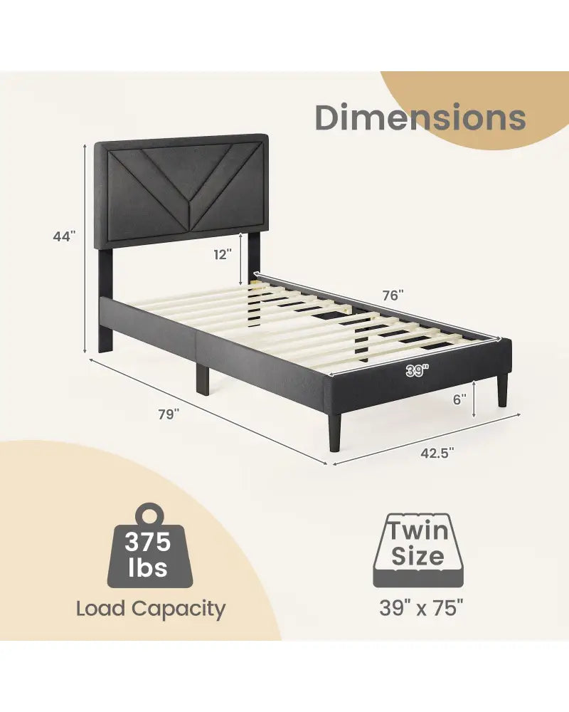 Upholstered Platform Bed with Tufted Headboard and Wooden Slats-Twin Size - Gray - Simple Bed Frame