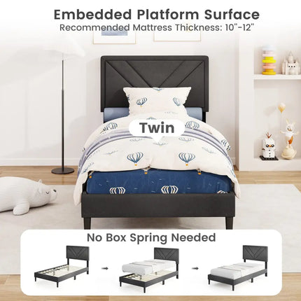 Upholstered Platform Bed with Tufted Headboard and Wooden Slats-Twin Size - Gray - Simple Bed Frame
