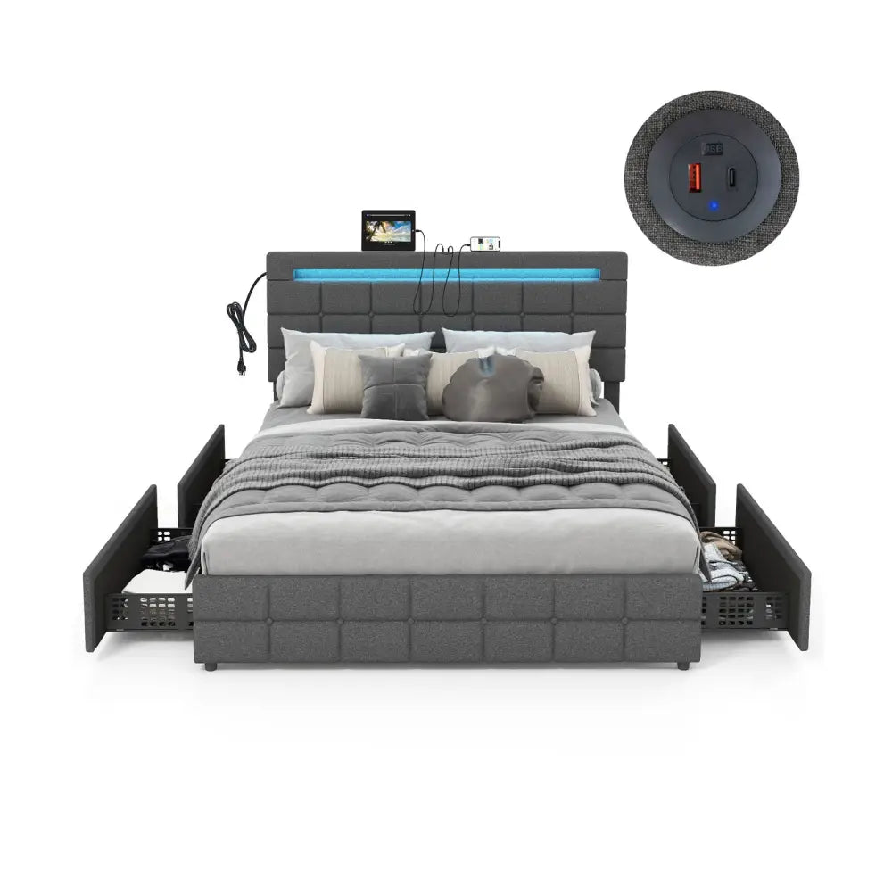 Upholstered Queen LED Bed Frame with Headboard and 4 Drawers-Queen Size - Gray - Simple Bed Frame