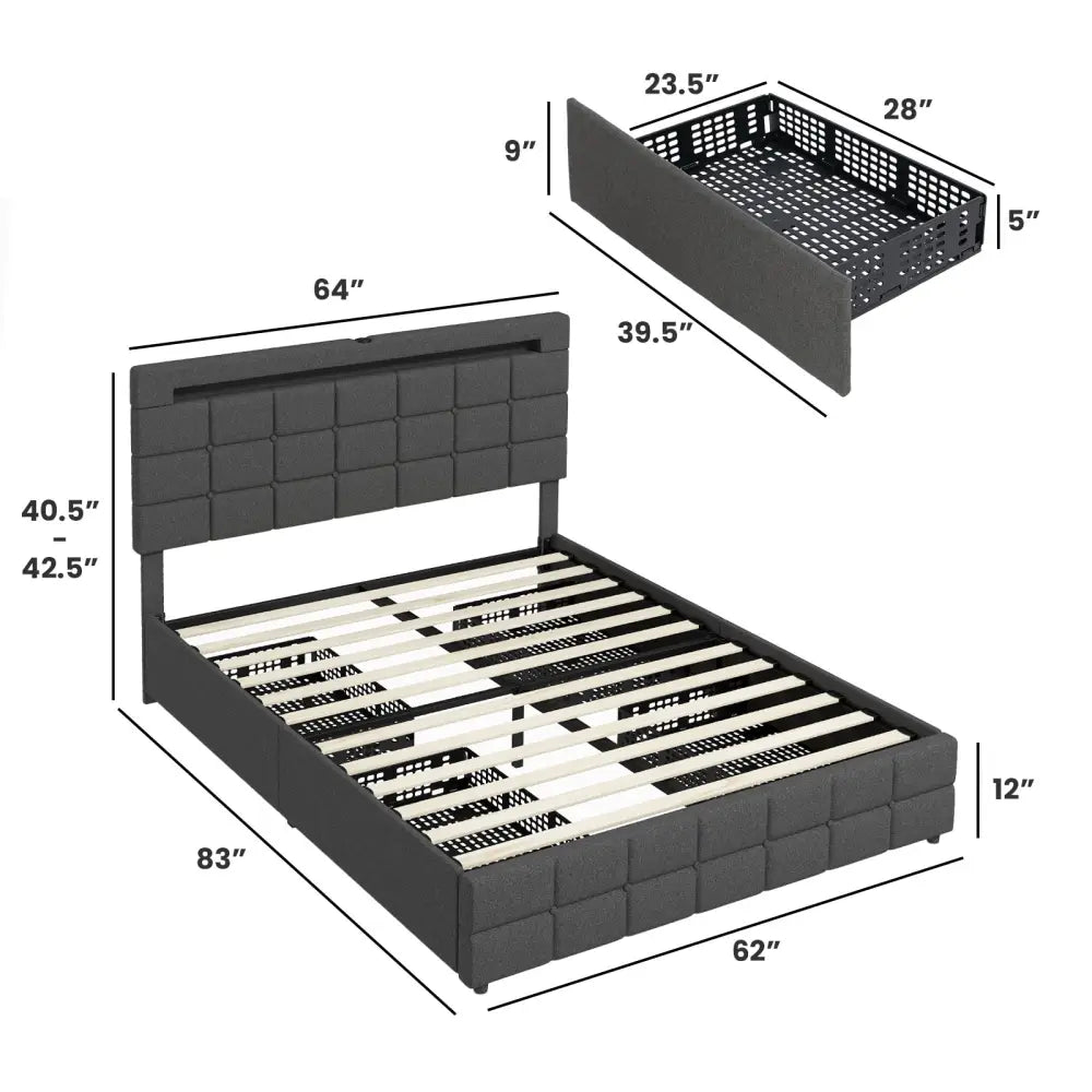 Upholstered Queen LED Bed Frame with Headboard and 4 Drawers-Queen Size - Gray - Simple Bed Frame