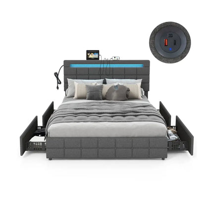 Upholstered Queen LED Bed Frame with Headboard and 4 Drawers-Queen Size - Gray - Simple Bed Frame