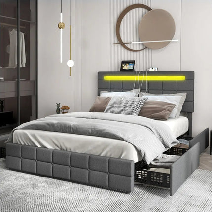 Upholstered Queen LED Bed Frame with Headboard and 4 Drawers-Queen Size - Gray - Simple Bed Frame