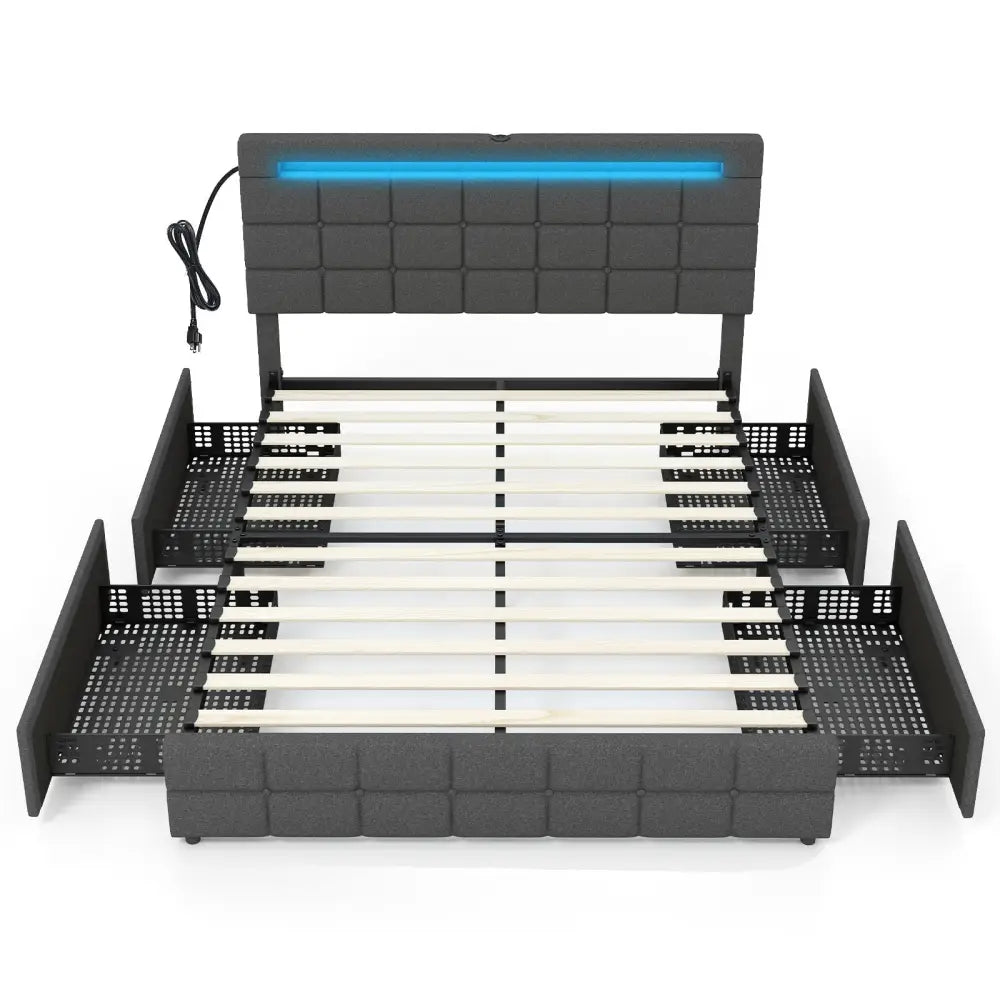 Upholstered Queen LED Bed Frame with Headboard and 4 Drawers-Queen Size - Gray - Simple Bed Frame
