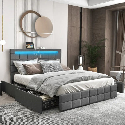 Upholstered Queen LED Bed Frame with Headboard and 4 Drawers-Queen Size - Gray - Simple Bed Frame