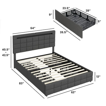 Upholstered Queen LED Bed Frame with Headboard and 4 Drawers-Queen Size - Gray - Simple Bed Frame
