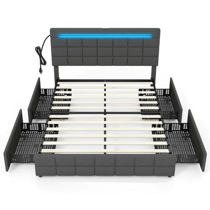 Upholstered Queen LED Bed Frame with Headboard and 4 Drawers-Queen Size - Gray - Simple Bed Frame