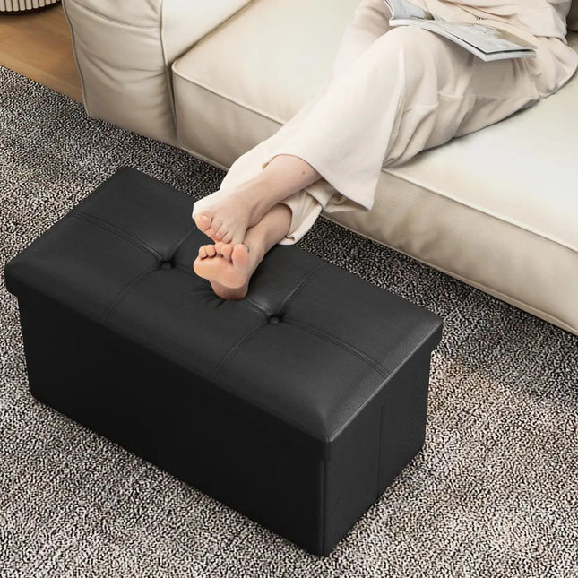 Upholstered Rectangle Footstool with PVC Leather Surface and Storage Function-Black - Black - Shoe Racks & Storage