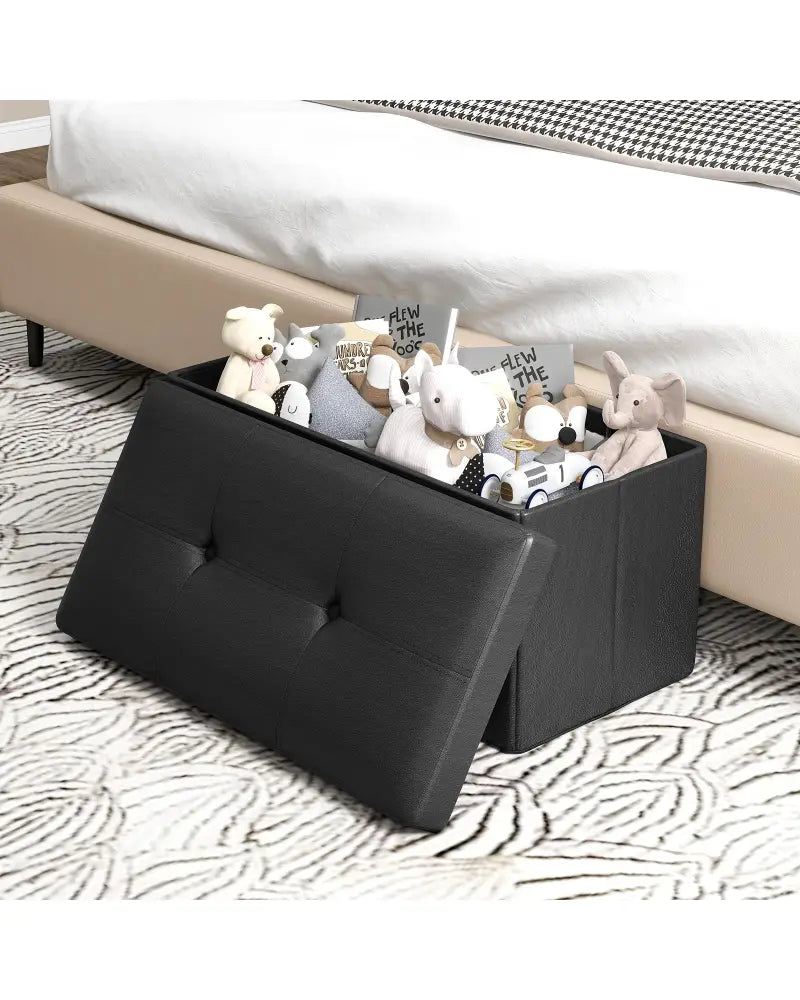 Upholstered Rectangle Footstool with PVC Leather Surface and Storage Function-Black - Black - Shoe Racks & Storage