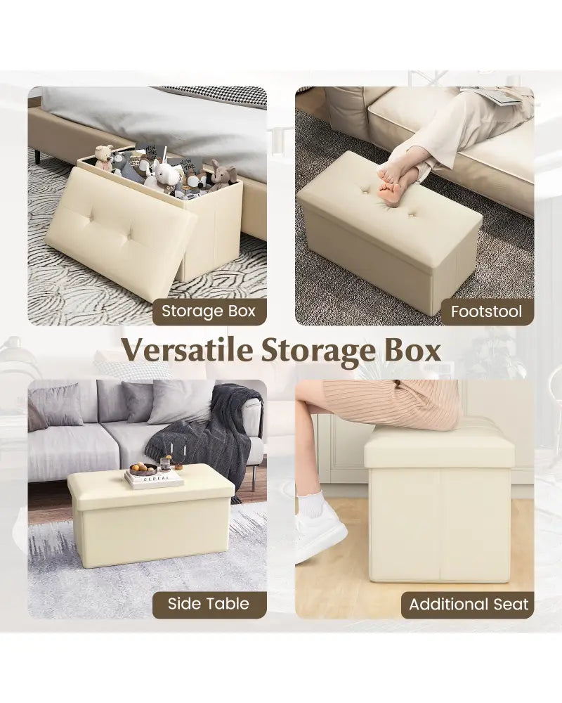 Upholstered Rectangle Footstool with PVC Leather Surface and Storage Function-White - White - Shoe Racks & Storage