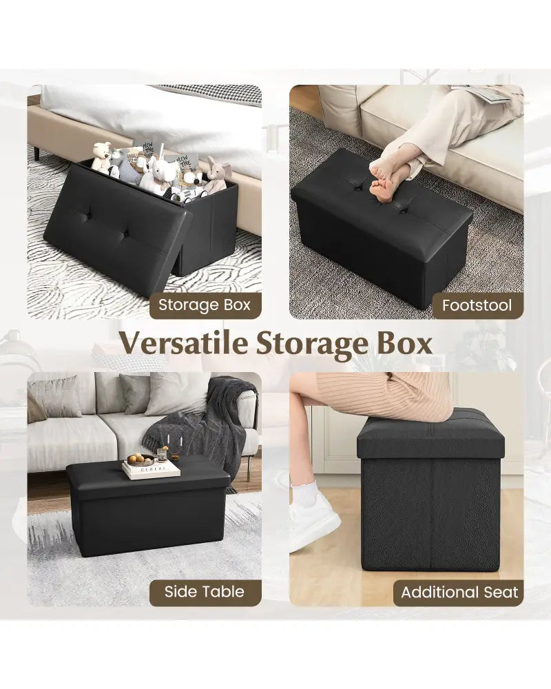Upholstered Rectangle Footstool with PVC Leather Surface and Storage Function-Black - Black - Shoe Racks & Storage