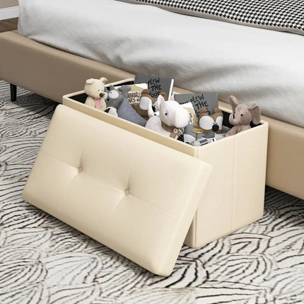 Upholstered Rectangle Footstool with PVC Leather Surface and Storage Function-White - White - Shoe Racks & Storage