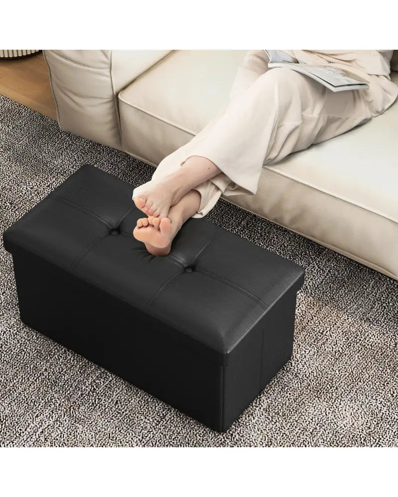 Upholstered Rectangle Footstool with PVC Leather Surface and Storage Function-Black - Black - Shoe Racks & Storage