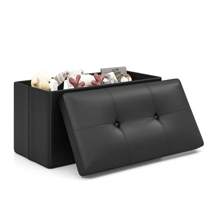 Upholstered Rectangle Footstool with PVC Leather Surface and Storage Function-Black - Black - Shoe Racks & Storage