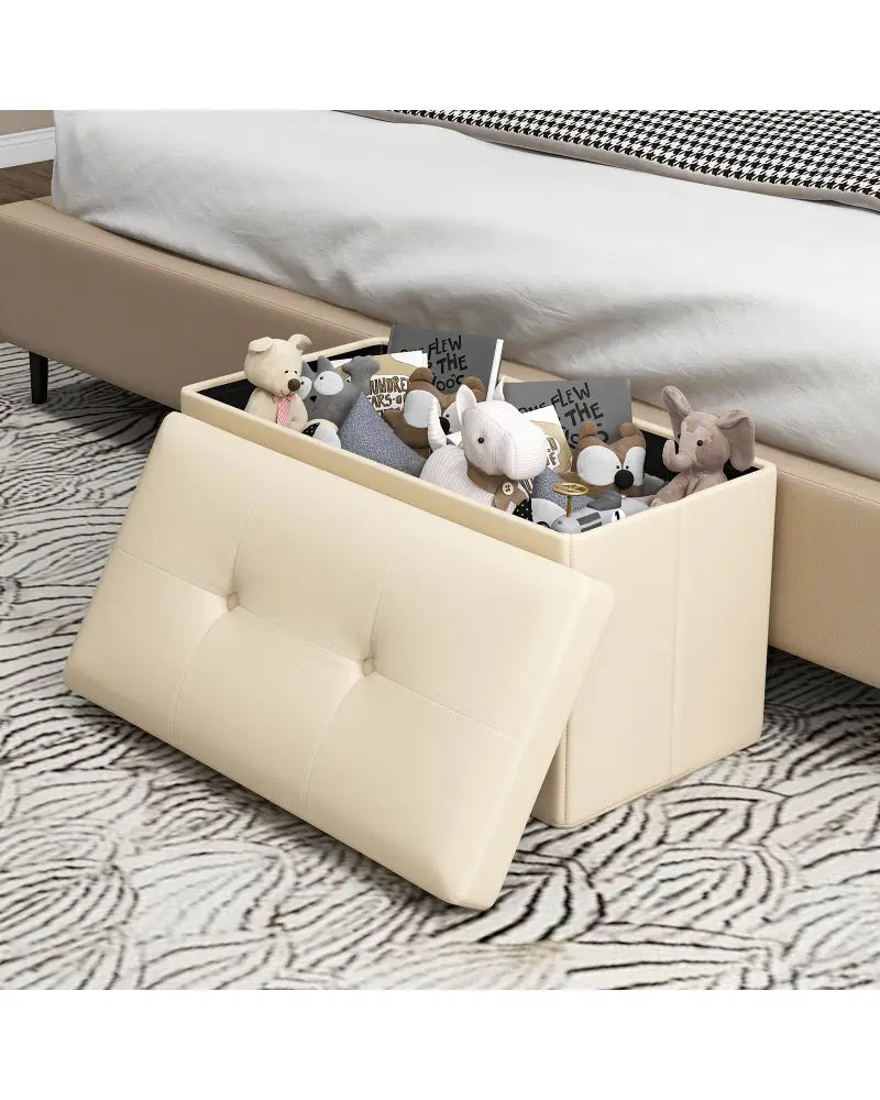 Upholstered Rectangle Footstool with PVC Leather Surface and Storage Function-White - White - Shoe Racks & Storage