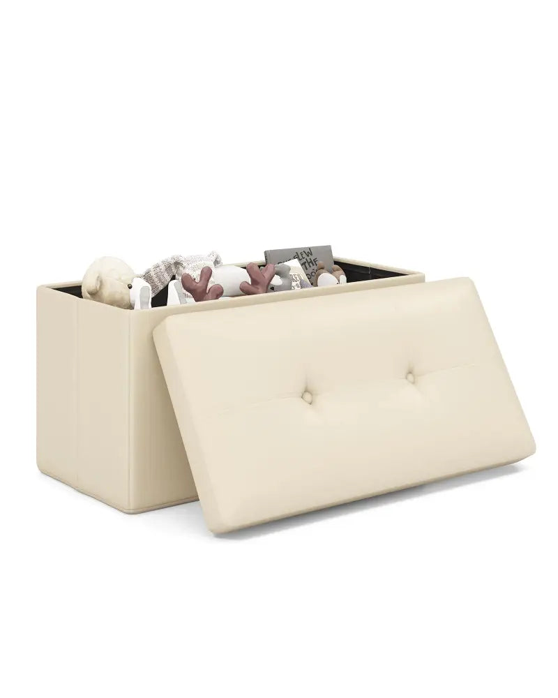Upholstered Rectangle Footstool with PVC Leather Surface and Storage Function-White - White - Shoe Racks & Storage