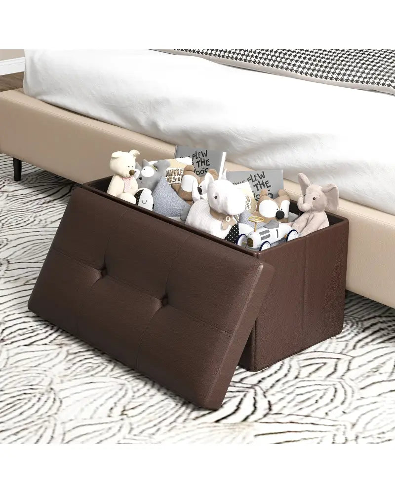 Upholstered Rectangle Footstool with PVC Leather Surface and Storage Function-Brown - Brown - Shoe Racks & Storage