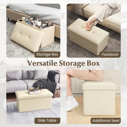 Upholstered Rectangle Footstool with PVC Leather Surface and Storage Function-White - White - Shoe Racks & Storage