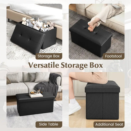 Upholstered Rectangle Footstool with PVC Leather Surface and Storage Function-Black - Black - Shoe Racks & Storage
