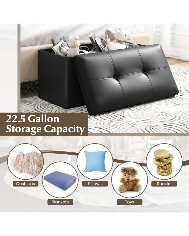Upholstered Rectangle Footstool with PVC Leather Surface and Storage Function-Black - Black - Shoe Racks & Storage