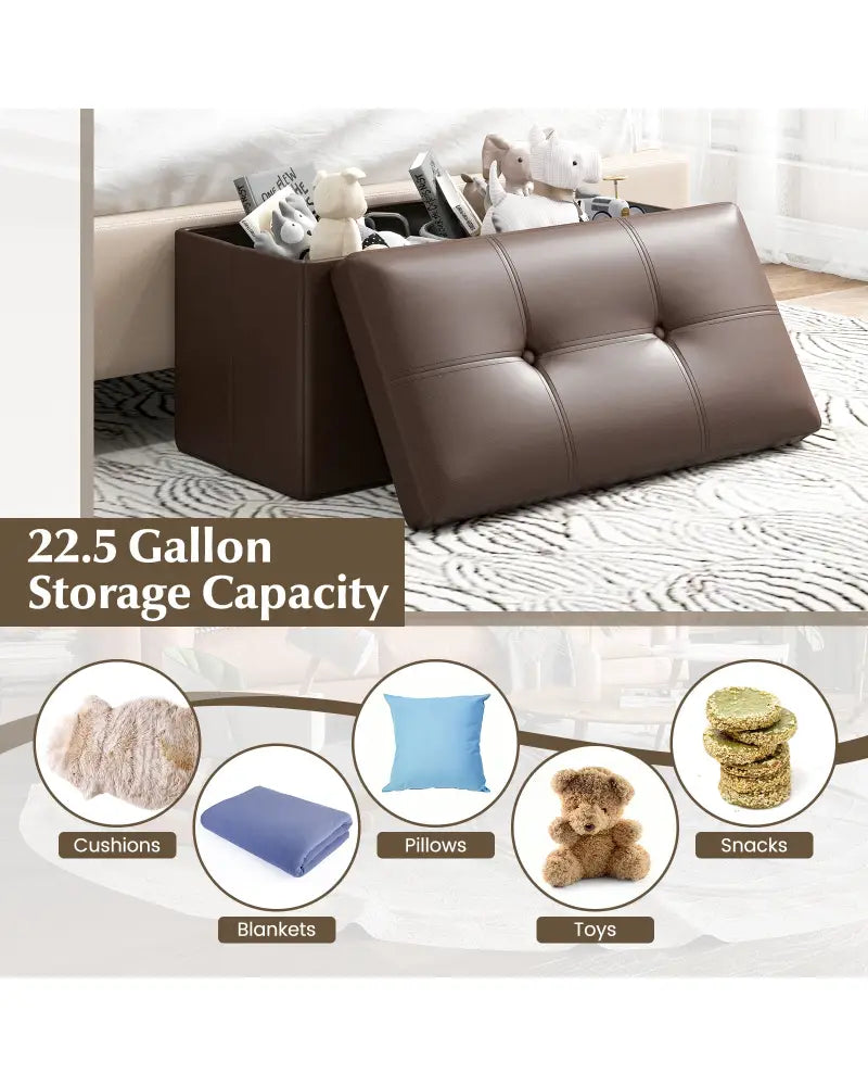 Upholstered Rectangle Footstool with PVC Leather Surface and Storage Function-Brown - Brown - Shoe Racks & Storage
