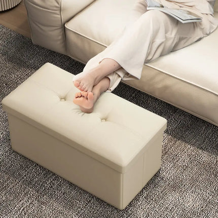 Upholstered Rectangle Footstool with PVC Leather Surface and Storage Function-White - White - Shoe Racks & Storage
