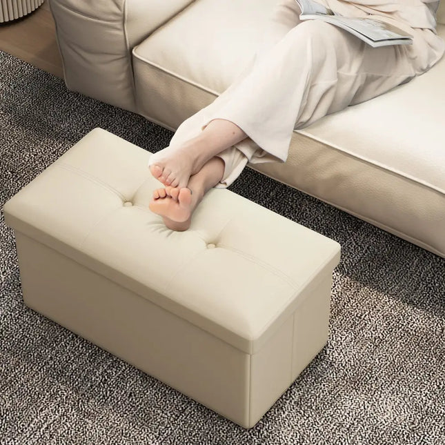 Upholstered Rectangle Footstool with PVC Leather Surface and Storage Function-White - White - Shoe Racks & Storage