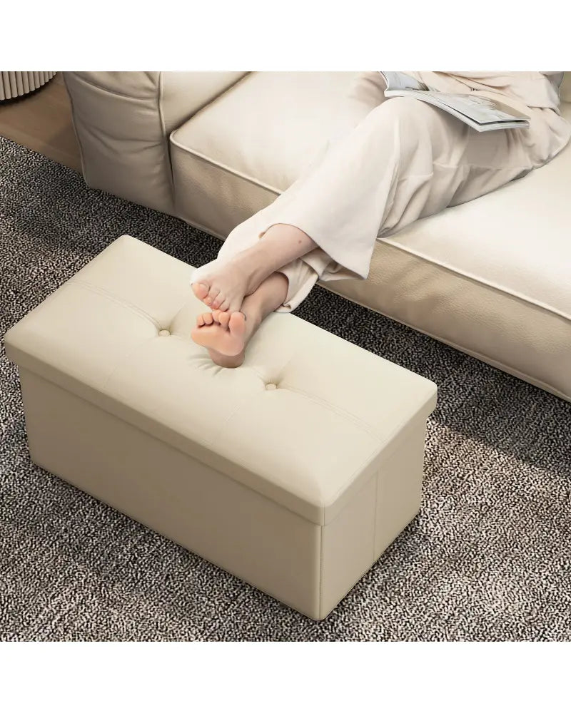 Upholstered Rectangle Footstool with PVC Leather Surface and Storage Function-White - White - Shoe Racks & Storage